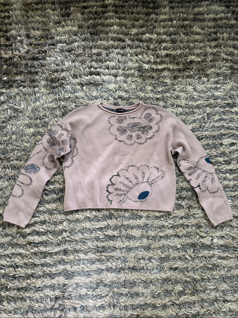 Max & Co. Blush Pink Floral Crewneck Crop Top Sweater with Navy Accents S